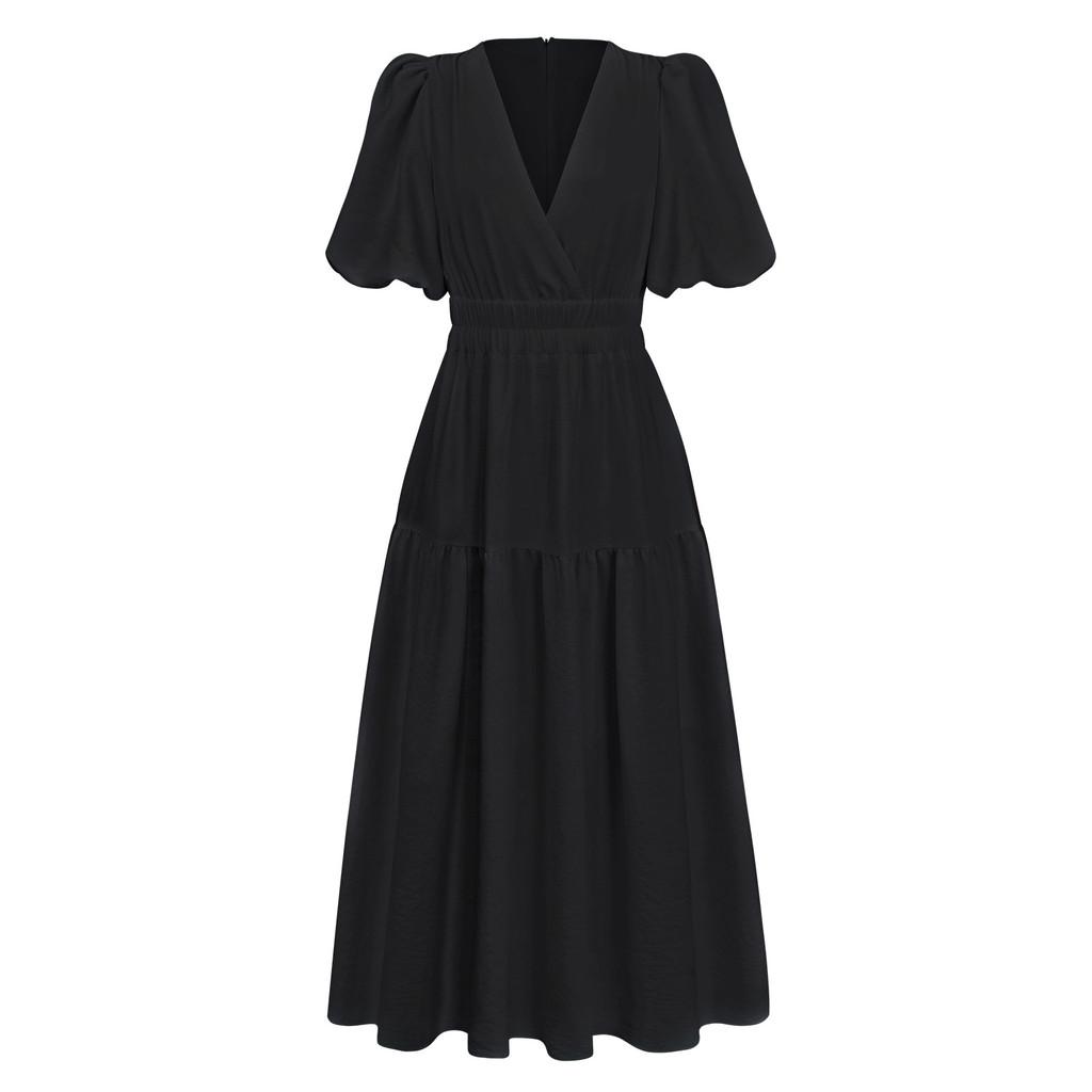 Summer Elegant Deep V Bubble Sleeve Maxi Dress With Pleated Fabric For Women
