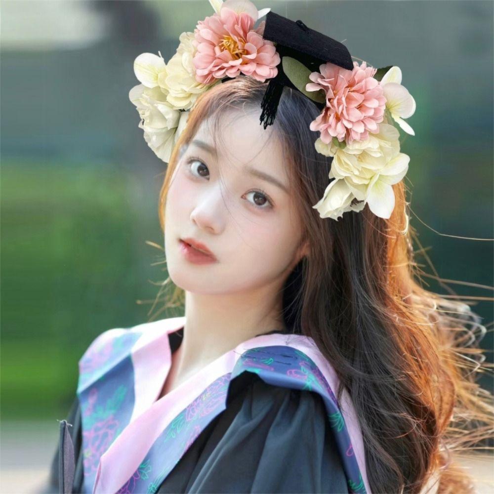 Bachelor Flowers Hair Band Doctor Academic Hat with Tassels Durable Trencher Cap  Graduation Party