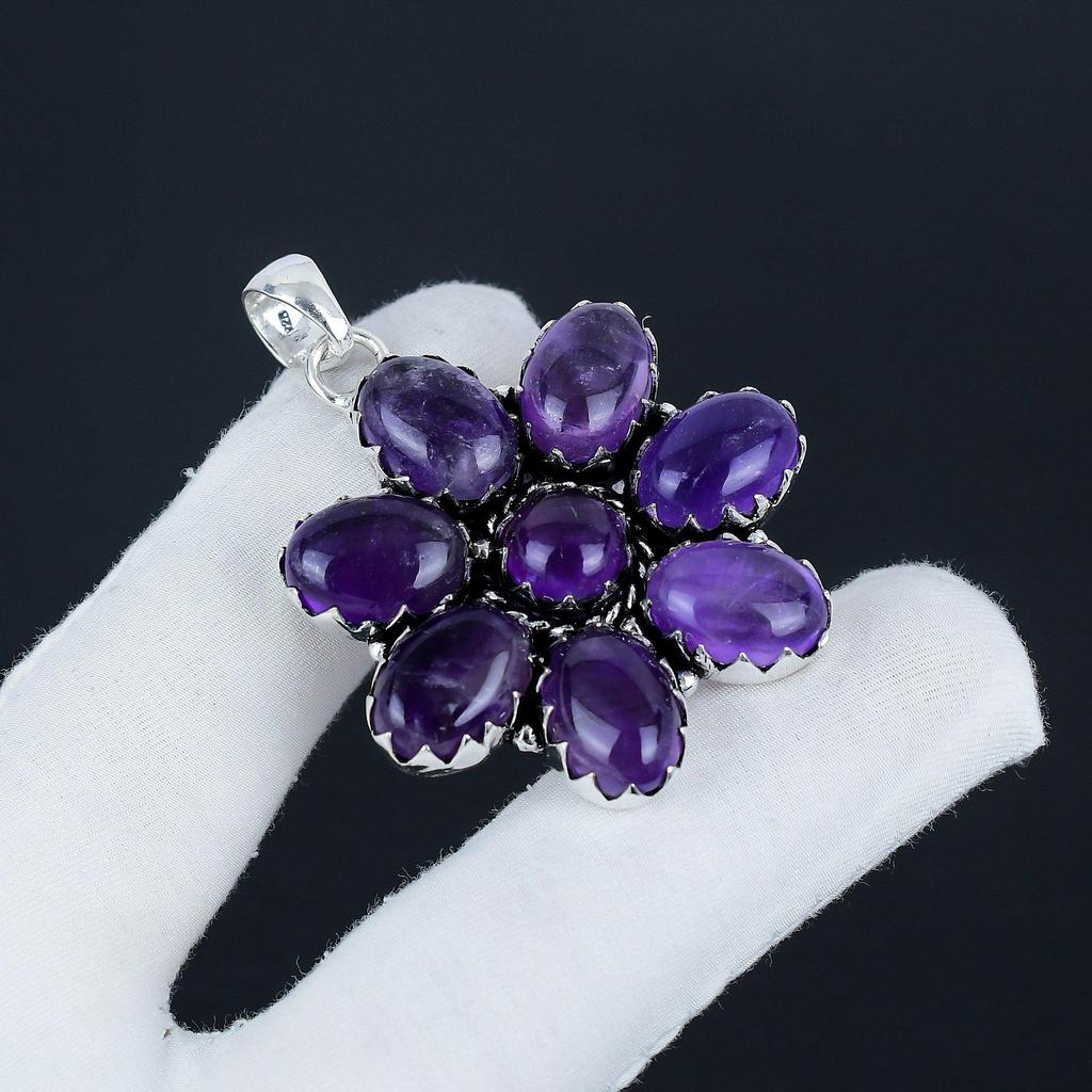 Natural Amethyst Gemstone Silver Flower Pendant in 925 Sterling Silver - Handmade Pear Design, Everyday Wear Jewelry BIrthday Gift