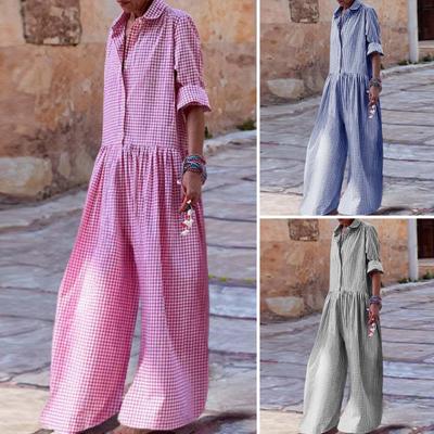Women Jumpsuit Check Print Color Matching Long Sleeve Turn-down Collar Wide Leg Half Single-breasted Deep Crotch Casual Loose Long Jumpsuit
