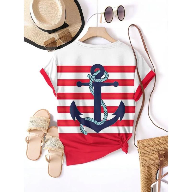 Stripe Graphic 3D T Shirt Women Summer V-Neck Short Sleeve Tops Holiday Casual Tees Woman Streetwear Oversized T-shirt