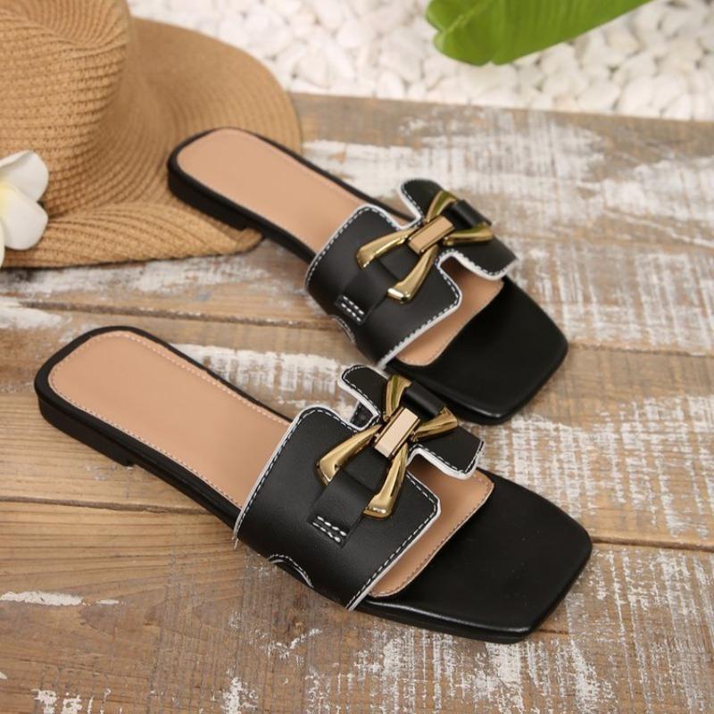 Fashion Women's Summer 2025 New PU Leather Fashion Simple Solid Color Sandals Daily Casual Open Toe Women Slippers Zapatos Mujer