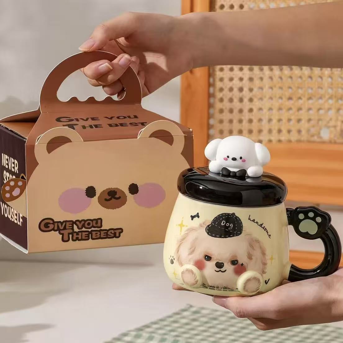 Relief Decal Puppy Mug Ceramic Mug Suitable for Couples Breakfast Milk Cup with Cute Puppy Head Lid Coffee Cup Set 401-500ml