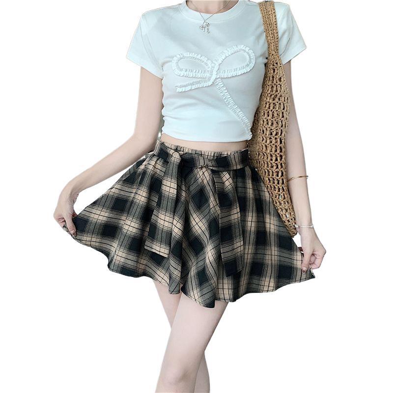 Chemise Plaid Bloc de Couleurs Sexy Doux Épicé & Jupe Mini Irrégulière Polyvalente avec Cravate