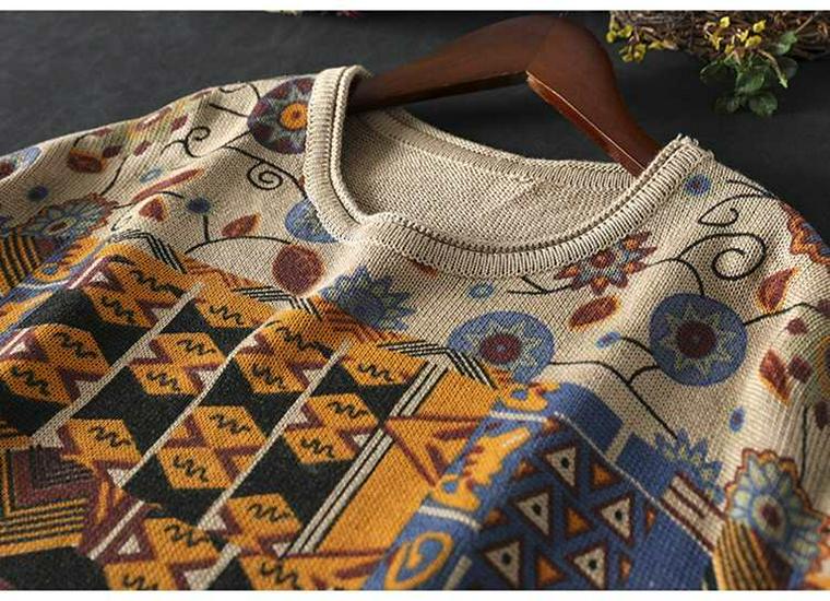 Women's Retro Floral Cotton Knit Sweater: Loose, Large, Round Neck, Pilling-Resistant Pullover for Spring & Autumn