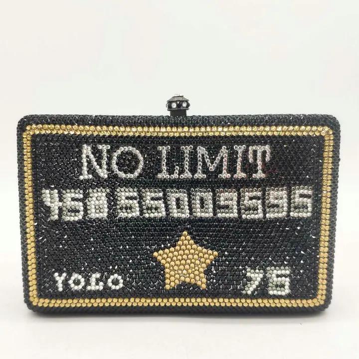 

Boutique De FGG No Limited Black Card Yolo Women Crystal Clutch Purse Metal Box Evening Bags Wedding Party Minaudiere Handbags Small Clutch