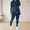 Women Plus Size Two Piece Set Round Neck Long Sleeve Firework Printed Navy Blue Fitted Pants