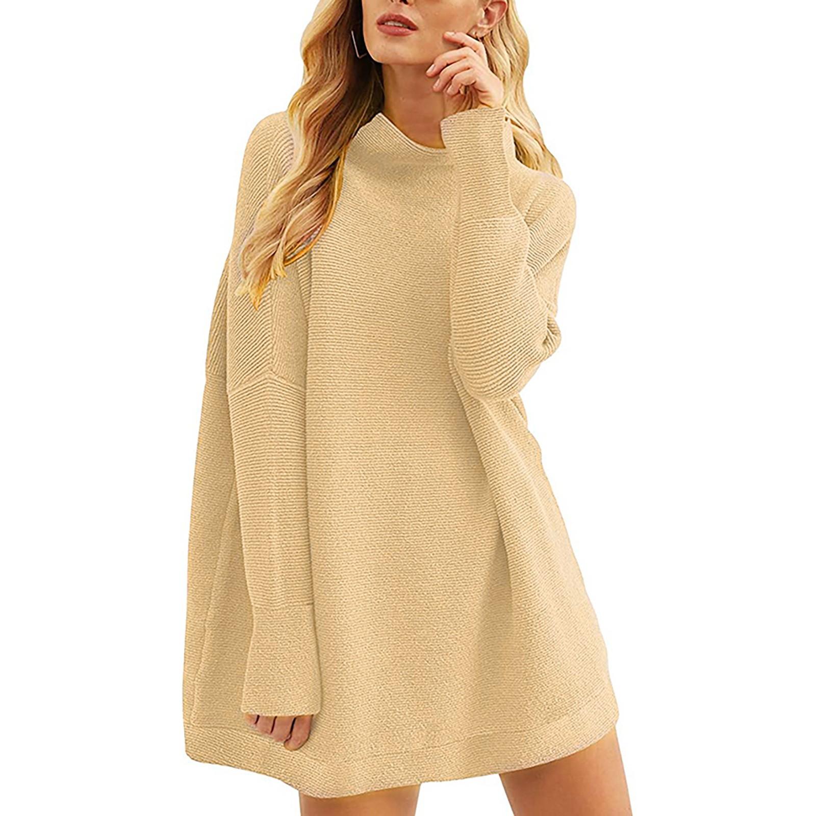 

Женский повседневный модный однотонный пуловер с высоким воротником, свободный вязаный свитер XL бежевый