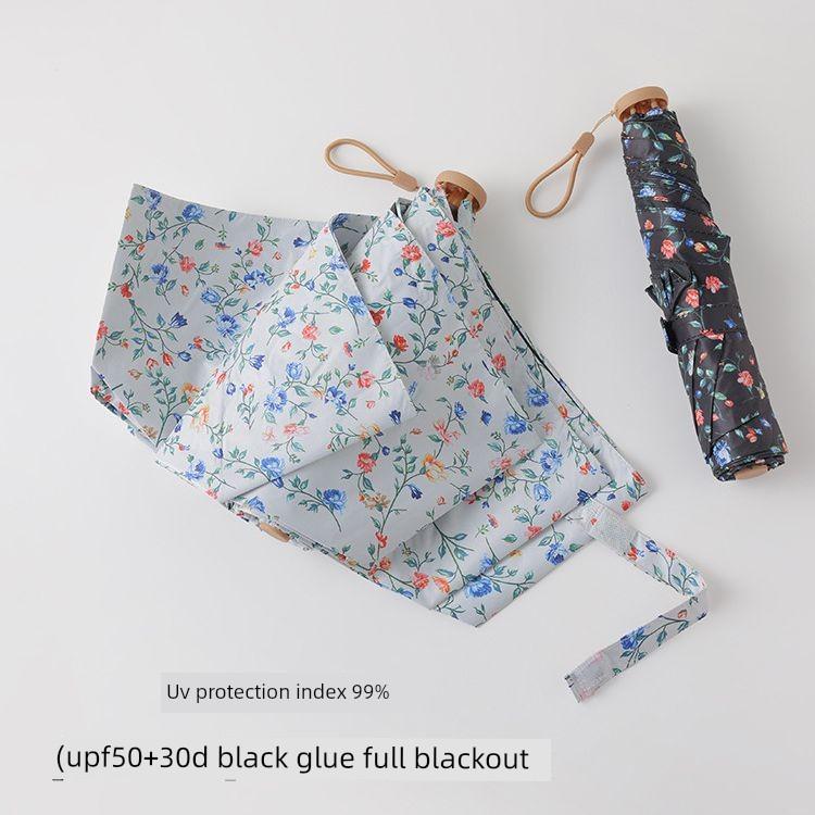 Japanese-Style Small Floral Ultra-Light 130g Black-Coated Sunscreen Umbrella, Fully Blackout, Uv Protection, Foldable, Portable, for Sun and Rain