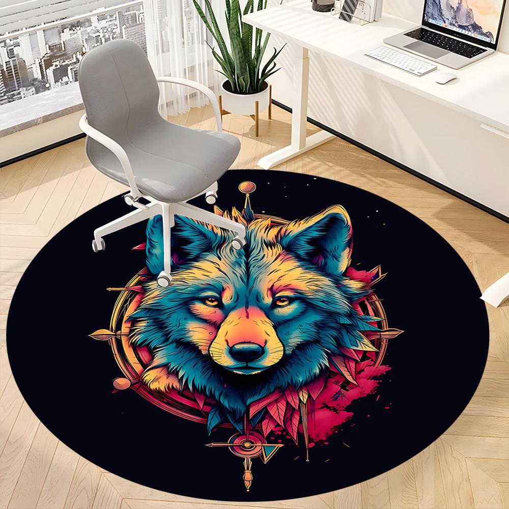 1 Stück Wolfsgeist Büro Runder Teppich, Unter Bürostühlen Schlafzimmer Wohnzimmer Heimdekoration, Raumdeko