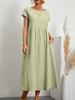 European and American Short-Sleeve Round Neck Cotton-Linen Long Dress with Pockets