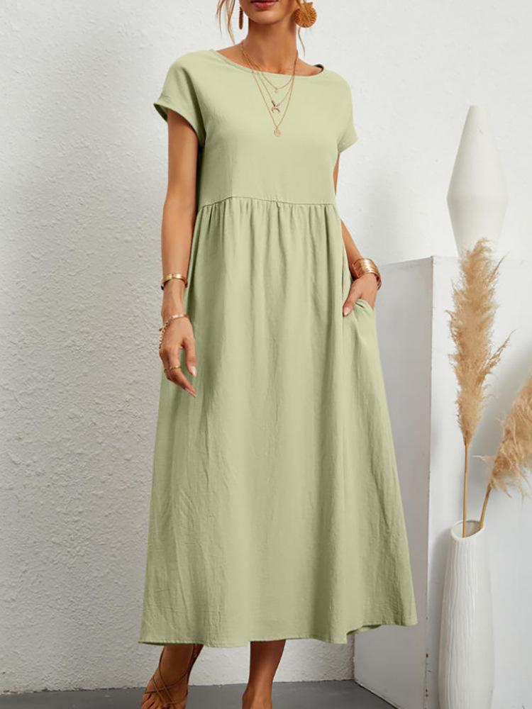 European and American Short-Sleeve Round Neck Cotton-Linen Long Dress with Pockets