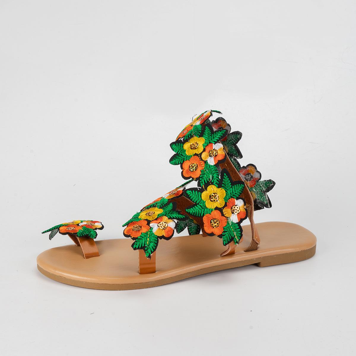 

Цветочные сандалии женские новые сандалии с плоским носком женские богемные для улицы пляжные сандалии 43