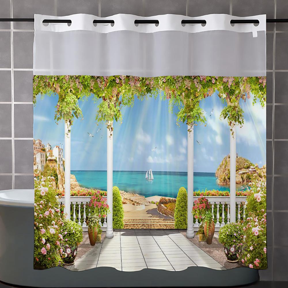 

Бесшовный пейзажный рисунок Занавеска для душа со вставной тканевой подкладкой, прозрачное верхнее окно, водонепроницаемая двухслойная занавеска для ванны 180X188cm синий