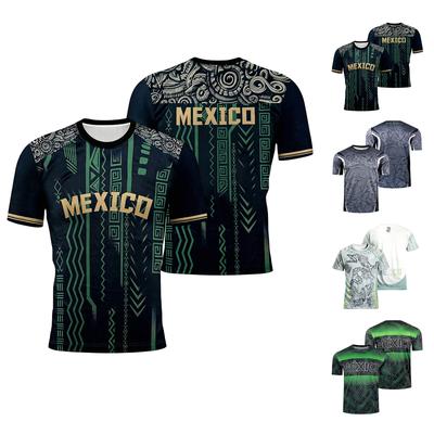 Camiseta de Fútbol Transpirable Ligera para Aficionados de México Hombres Mujeres Camiseta Deportiva con Diseño de Patrón Tribal y Mangas Cortas para Deportes