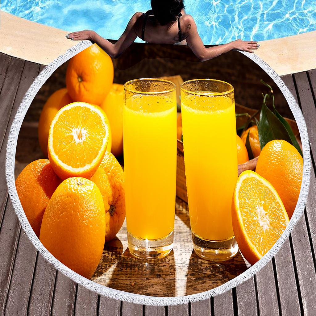Orange Juice Beach Towel Fresh Orange Juice Design Soft Polyester Round Beach Towels for Beach Cushion Yoga Towel Indoor Outdoor