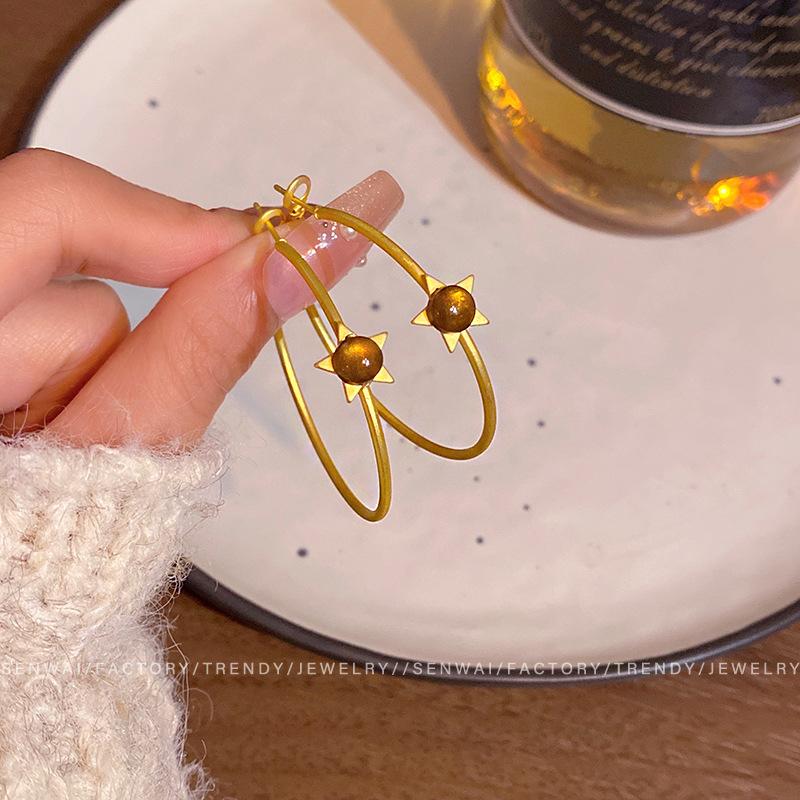 

Maillard love star tiger s eye stone large circle earrings women s autumn and winter retro temperament earrings unique exaggerated earrings
