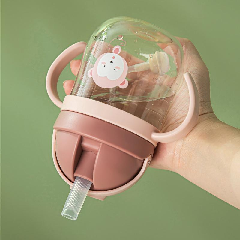 250Ml Cartoon Pattern Outdoor Child Drinking Bottle With Straw Baby Feeding Cup For Kids Training Portable Handle Water Bottle