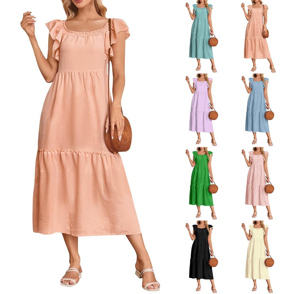 Women's Fashion Loose Fly Sleeve Square Neck Strapless Pleated Splicing Ruffle Hem Dresses