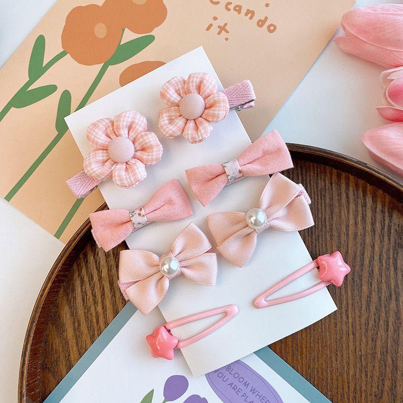 8PC Cute Pink Color Clips Plaid Bowknot Hair Drop Clips Lace Hairpins Flower Hairpins BB Barrettes
