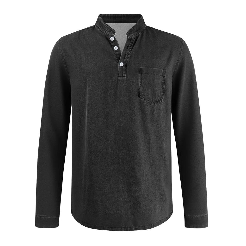 Men's Henley Long Sleeve T-Shirt Vintage Washed Denim Casual Tops Button Down Crew Neck Loose Fit Daily Streetwear for Men