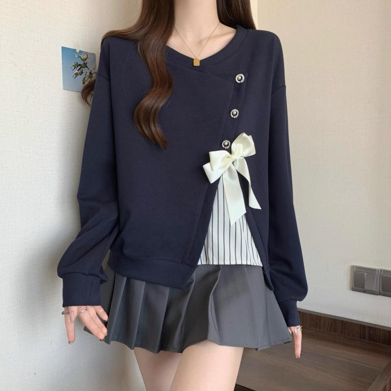 

Осень Зима Поддельный Двойной Свитшот с Бантом Женский Длинный Рукав Свободный Повседневный Полосатый Лоскутный Пуловер Топ 2XL