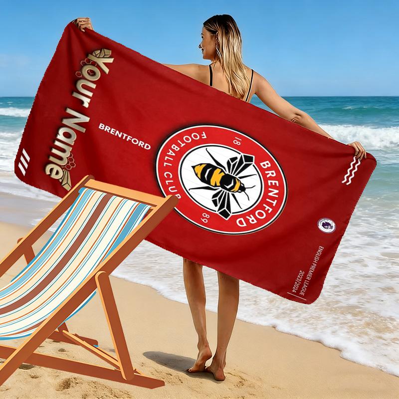 Name Custom Brentford FC Print Beach Towel, Large Soft Quick Dry Towel for Beach Camping Swimming