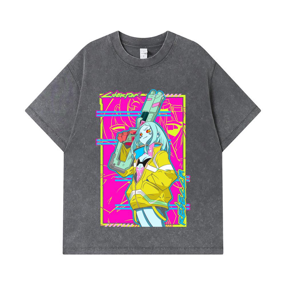 275 GSM Washed T-shirts 100% Cotton Cyberpunk Edgerunners V6 Rebecca Print Unisex Heavy Cotton T Shirt