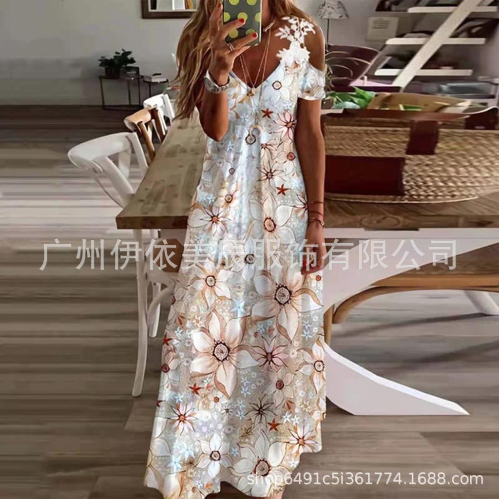 Women's summer new lace suspender v-neck fashion printed loose dress