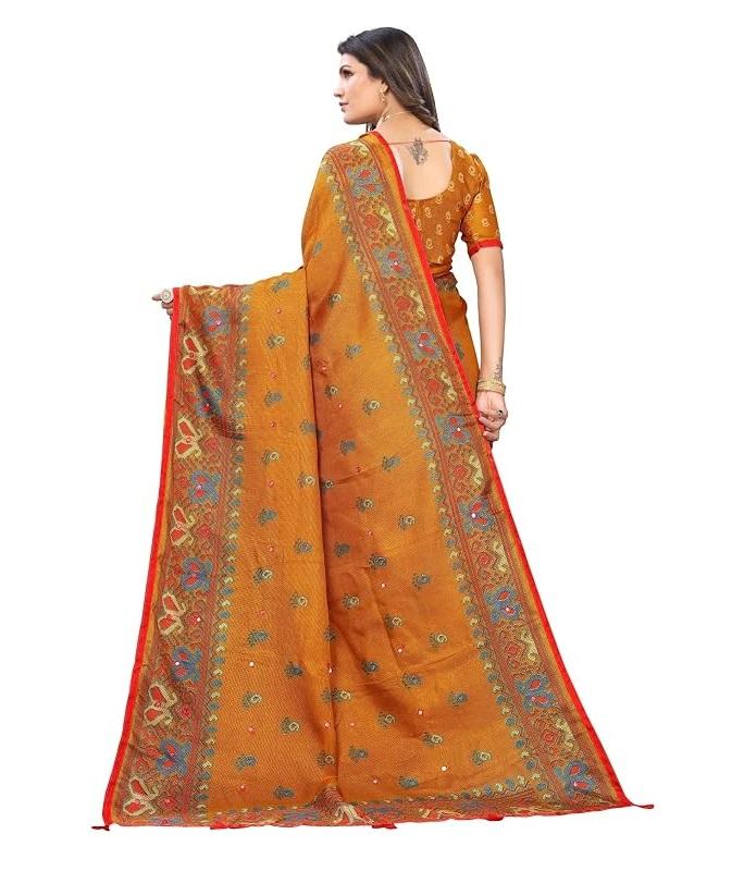 TreegoArt Women's Jute Silk Mirror Work Traditional Indian Saree With Unstitched Blouse Piece - Pack Of 1