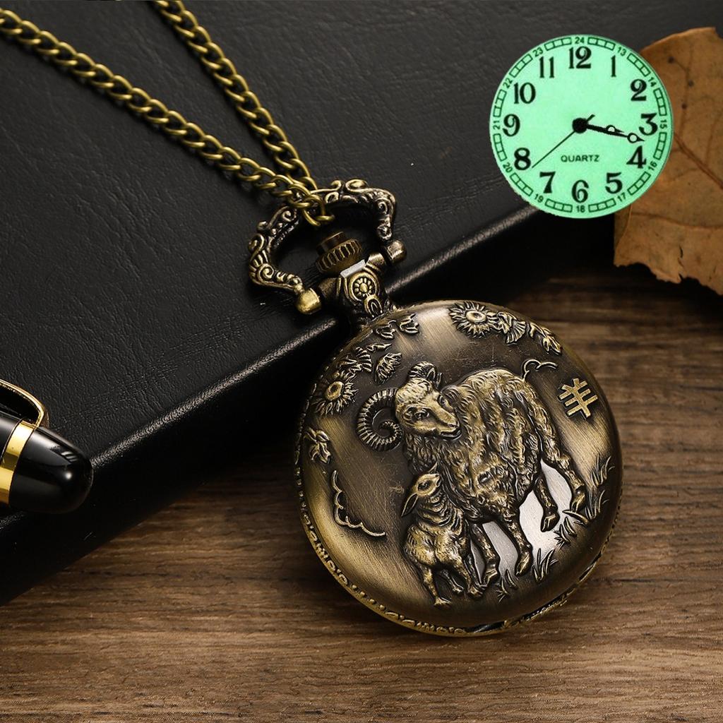 Taschenuhr Hollow Retro Flip 12 Tierkreis Groß Kreativ Studentenuhr Großes Zifferblatt Leuchtend Huai