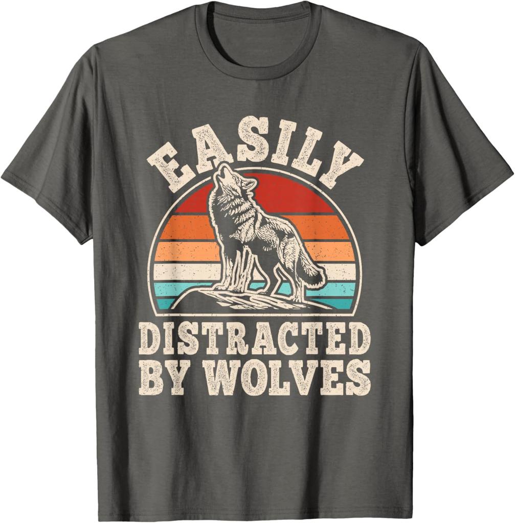 Easily Distracted By Wolves Retro Graphic T-Shirt Vintage Sunset Wolf Howling Print Casual Cotton Tee