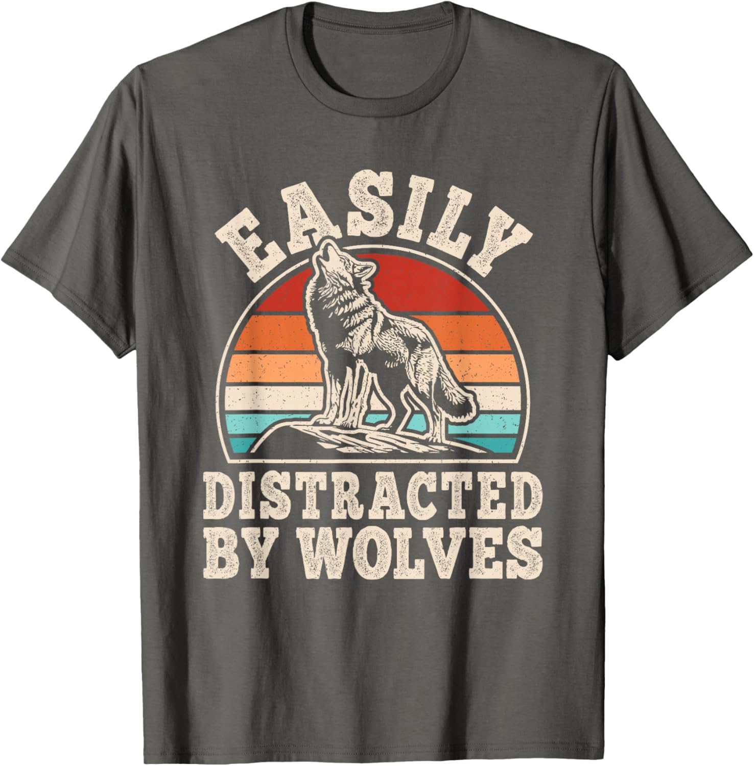 

Easily Distracted By Wolves Retro Graphic T-Shirt Vintage Sunset Wolf Howling Print Casual Cotton Tee 4XL