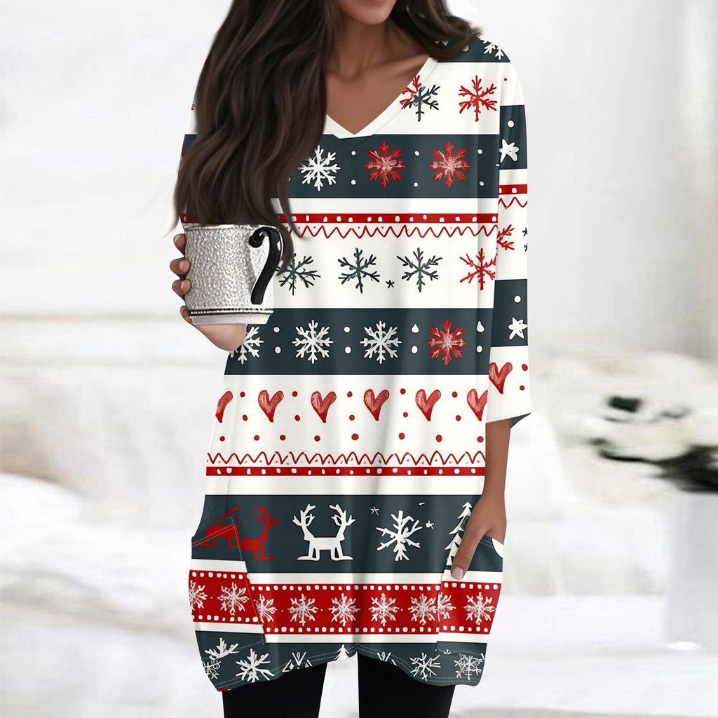 Womens Tops V-neck 3/4 Sleeve Blouses Casual Mid-length Shirts Fashion Christmas Print Tunic Tops With Pockets