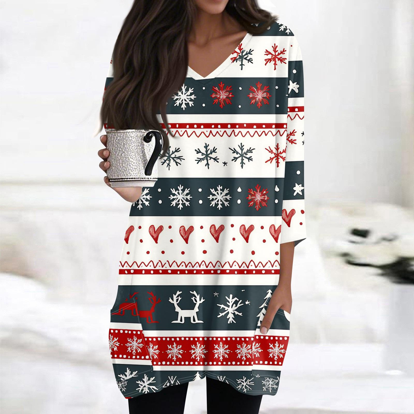 

Женские топы с V-образным вырезом и рукавом 3/4, повседневные блузки средней длины, модные туники с рождественским принтом и карманами XXL