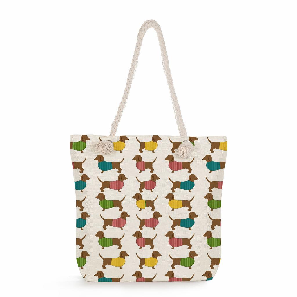 Sausage dog print thick rope single-shoulder beach bag 7284 CLE