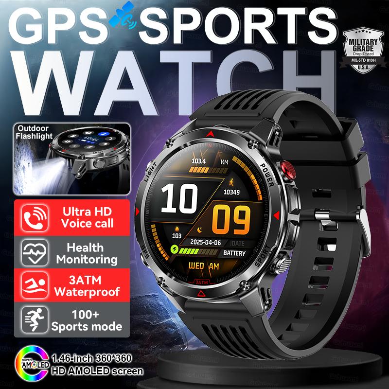 

New Military GPS Sports SmartWatch Compass Altimeter IP69K Waterproof Battery Call heart rate Fitness Bracelet Men Dual Band GPS чорний