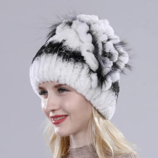 

Брендовые женские шапки из натурального меха кролика Рекс, зимние шапки из меха кролика Рекс, полосатый топ с цветочным мехом лисы, теплые вязаные шапки из натурального меха One size
