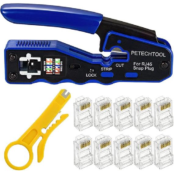 PETECHTOOL Инструмент для обжима RJ45 Сквозной инструмент для обжима Ethernet Набор Cat6 Cat5e Cat6a Обжимщик RJ45 с тестером кабеля, Коннекторы Cat6 с колпачками RJ45 rj45 crimper