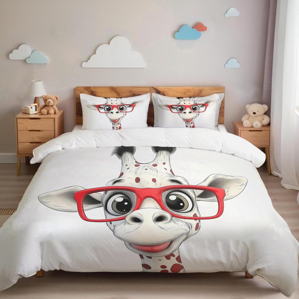 Funny Cute Giraffe Duvet Cover Boys Girls Single Size, Zoo Animal Bedding Set Hipster Style Comforter Cover Set and Pillowcases