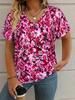T-shirt Women Summer Casual Elegant Simple V-neck Short-sleeved Floral Retro Top Loose Casual Wear Ladies T-shirt