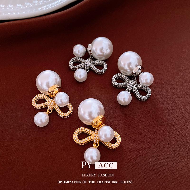 Gold-Plated Silver Bow Pearl Earrings: Retro, Elegant, and Luxurious Studs