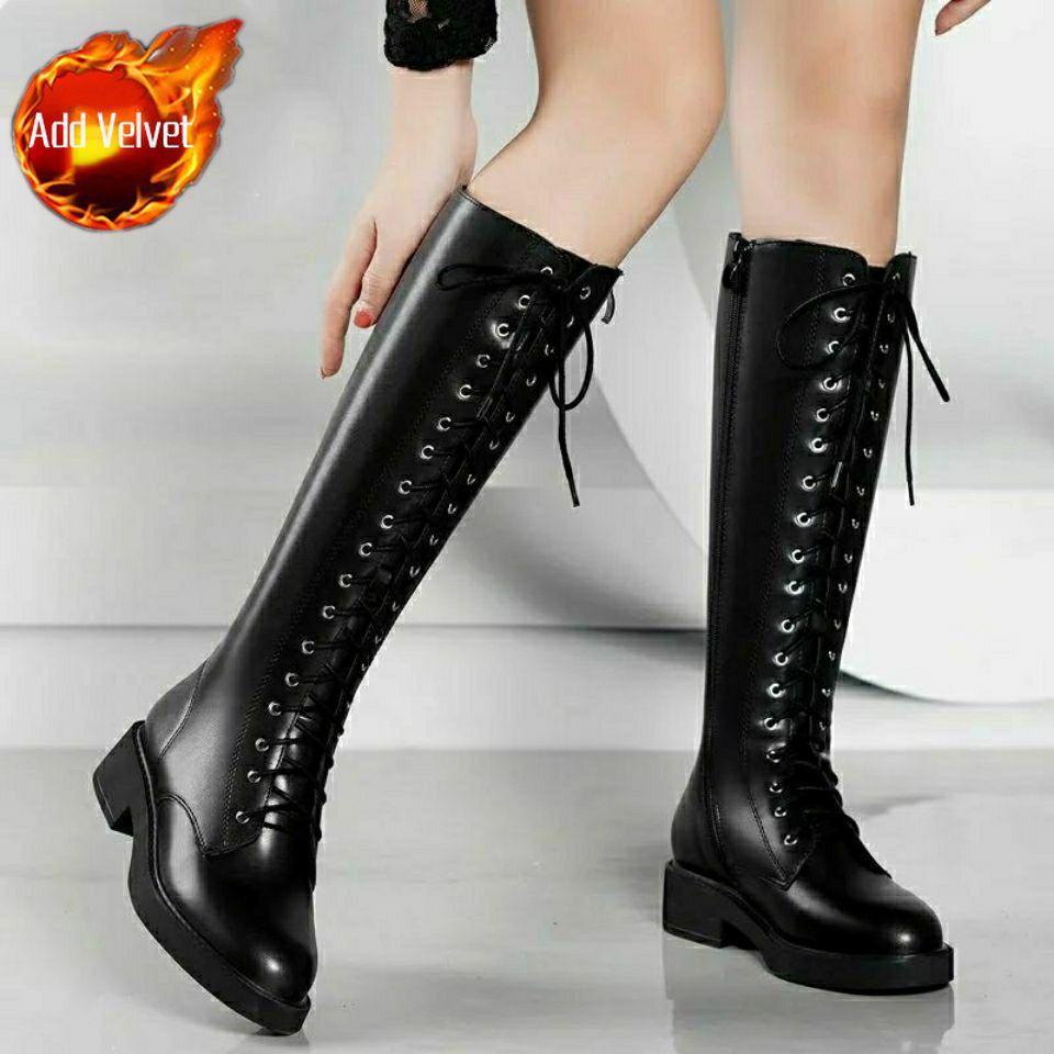 Fashion Shoes for Woman Round Toe Long Lace-up with Laces Footwear Winter Knee High Shaft Biker Black Women's Boots Fashion 2024 Quality