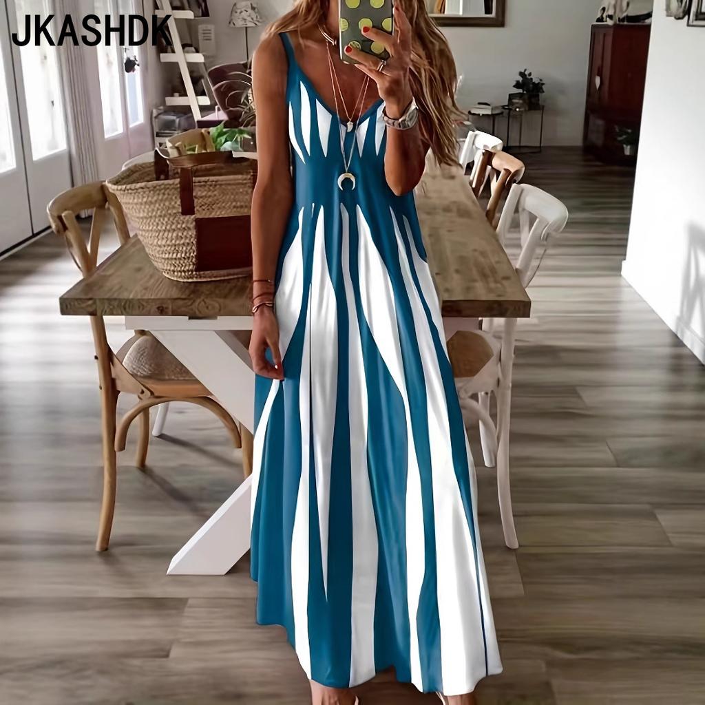 JKASHDK Women's Fashion Summer Spring Colour Block Print Sleeveless V-Neck Loose Waistline Casual Dresses