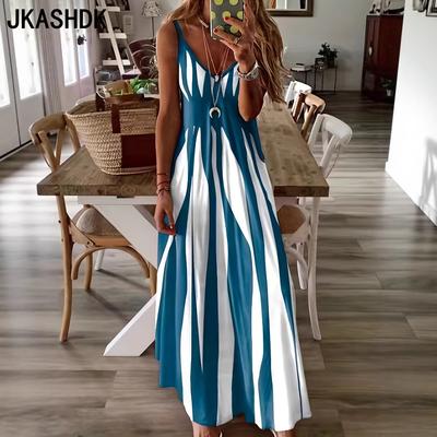 Damenmode Sommer Frühling Farbblockdruck Ärmellos V-Ausschnitt Lockere Taille Freizeitkleider