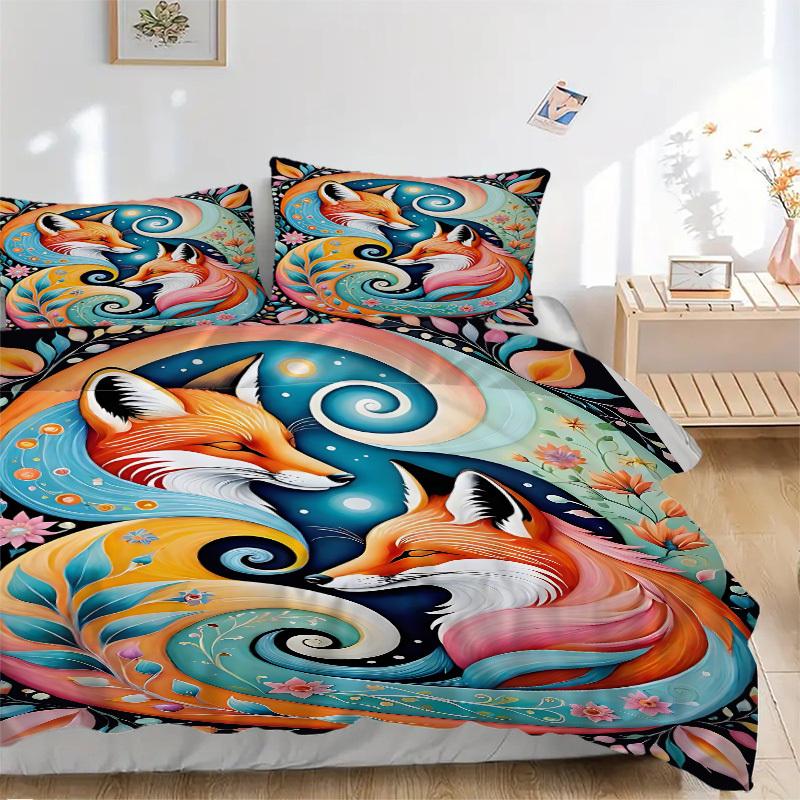 3pcs Bedding Set Foxes, Floral Includes 1 Comforter + 2 Pillowcases, Without Pillow Inserts, Soft Comfortable,Bedding Set,a0909032
