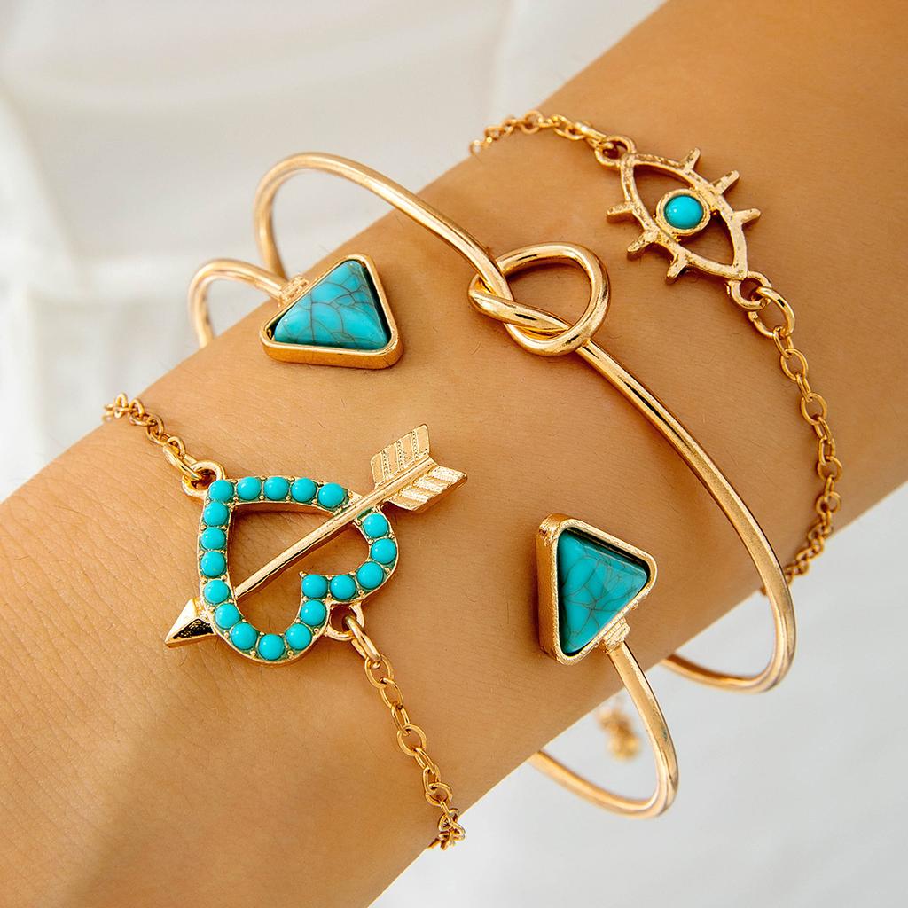 Bohemian Turquoise Leaf Bracelet, Ethnic Bow Flower Turquoise Bracelet Set