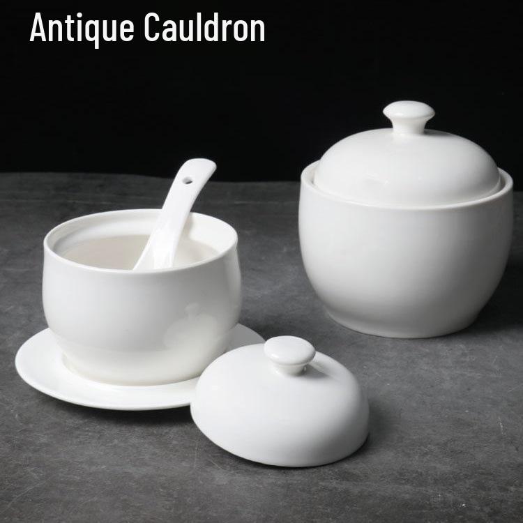 Bird's Nest Ceramic Stew Pot with Lid - Double Boiler Steaming Bowl for Soup & Steamed Egg, Pure White Tableware