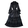 Fashion Socialite Temperament Long Sleeve V Neck Pleated Waist Tight Slim Looking A- line Cut Out Lace Dress Elegance Large Swing Dress