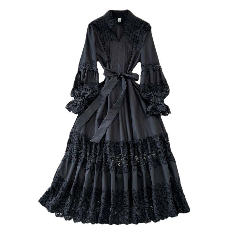 Fashion Socialite Temperament Long Sleeve V Neck Pleated Waist Tight Slim Looking A- line Cut Out Lace Dress Elegance Large Swing Dress